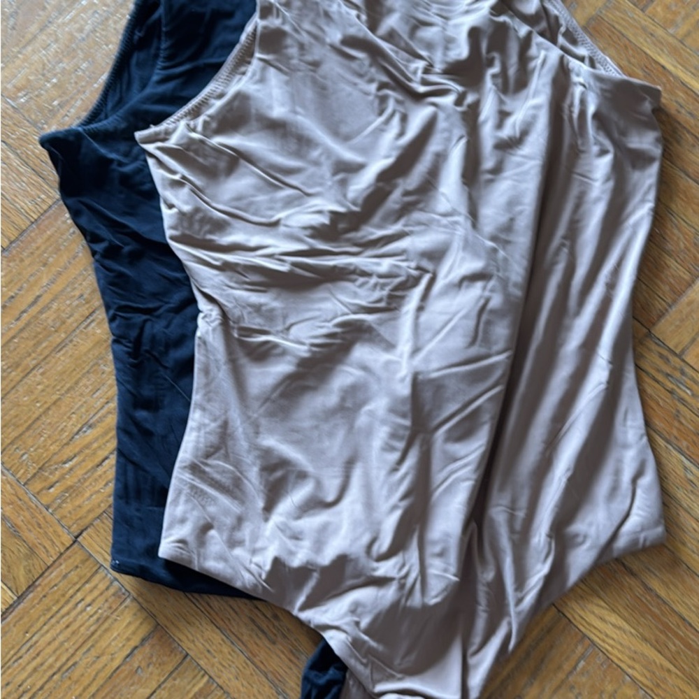 Set of Two High Neck Tank Top Bodysuits in Black and Tan